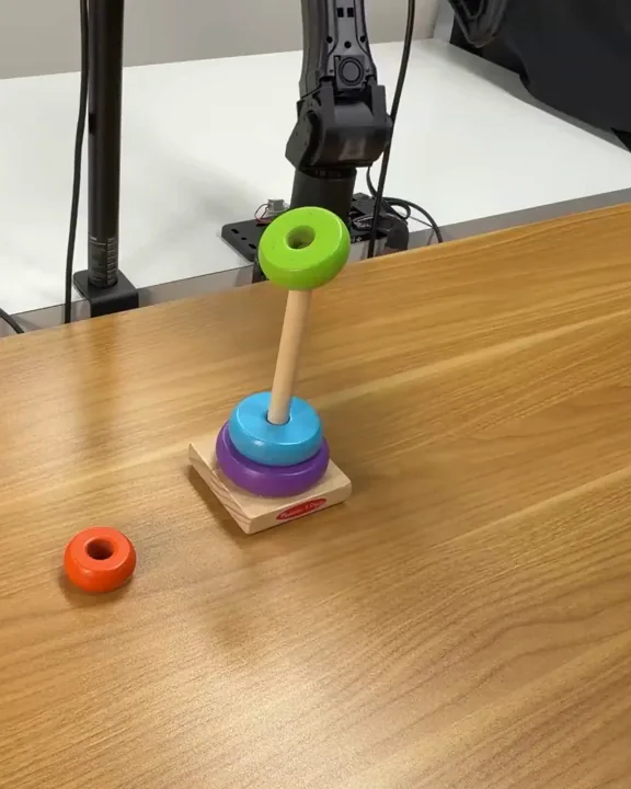 Real robot: a green ring caught on the tip of the peg